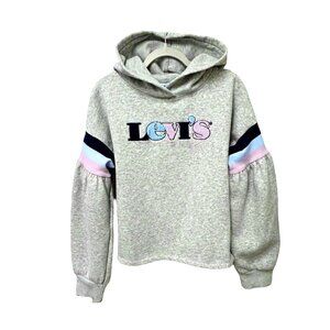 Levi's Gray Ribbed Stripe Logo Cropped Hoodie Girls Size L 12/13 YR